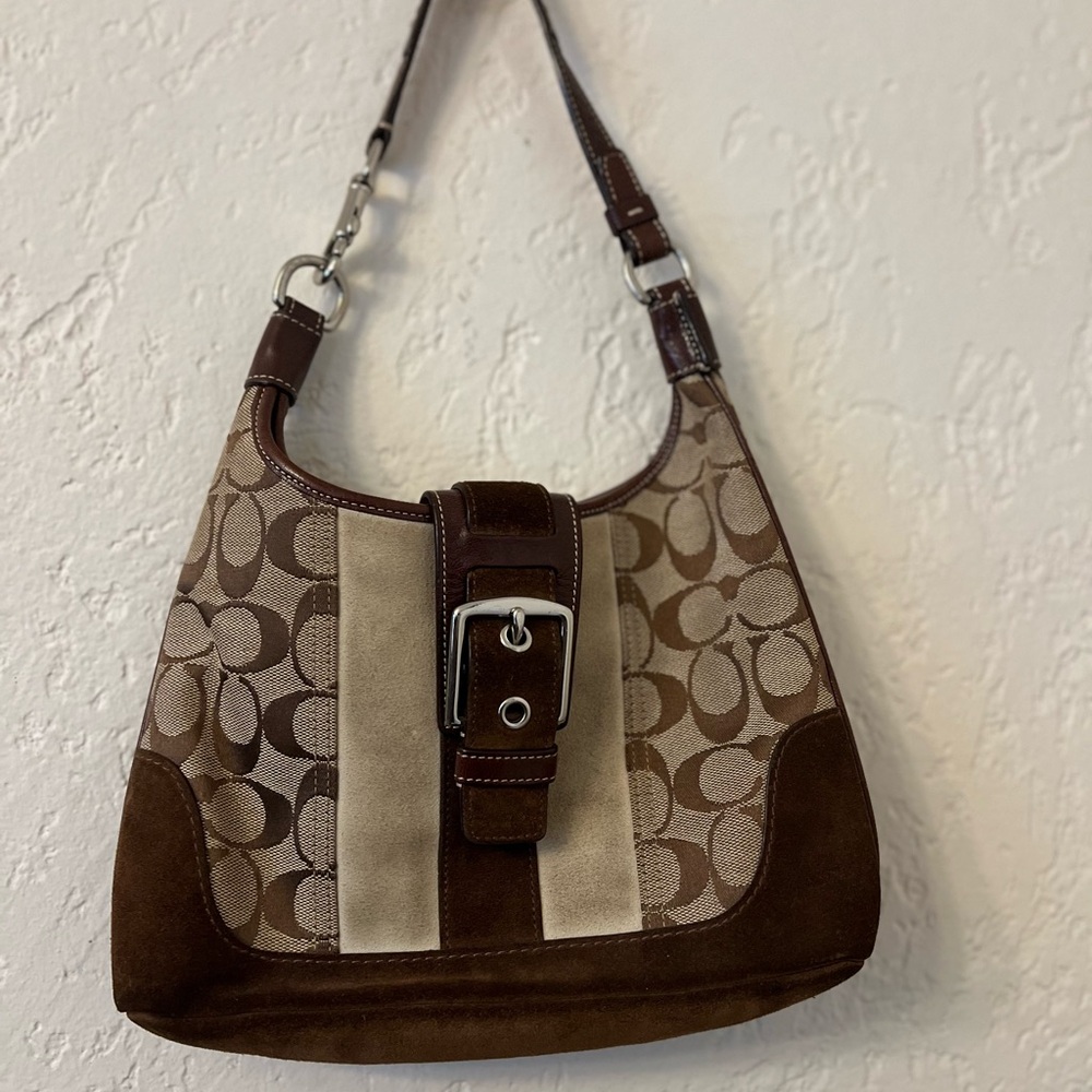 Coach Brown and Tan Hobo Shoulder Bag with Monogram Pattern